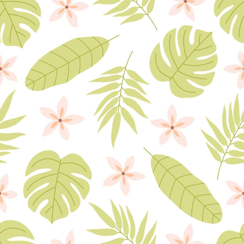 Seamless pattern with tropical leaves and flowers. Summertime, tropical place vector