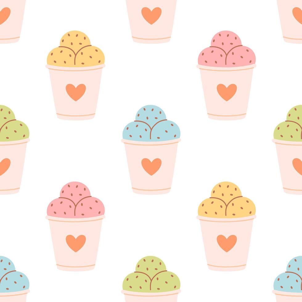 Seamless pattern with cute ice cream in paper cup. Summer dessert, summer time. Seamless pattern for wallpaper, textile, fabric, wrapping paper vector