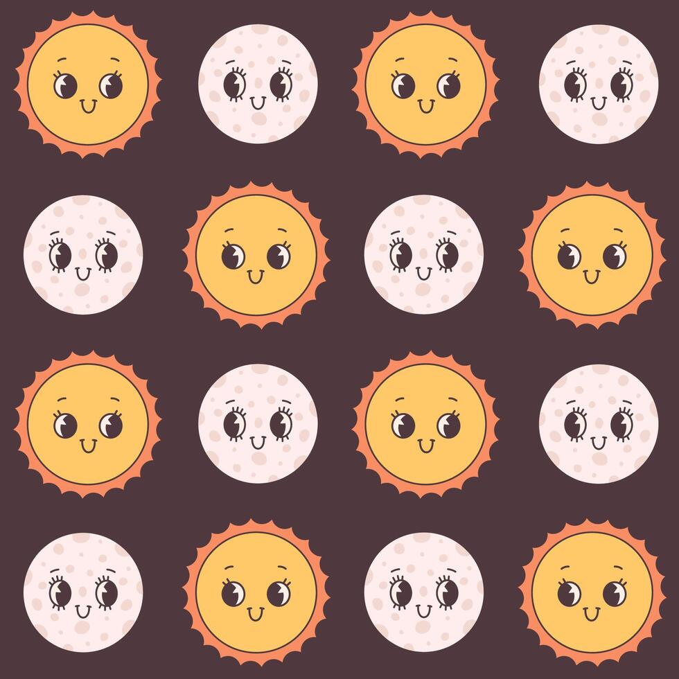 Seamless pattern with Moon and Sun. Trendy groovy cartoon characters vector