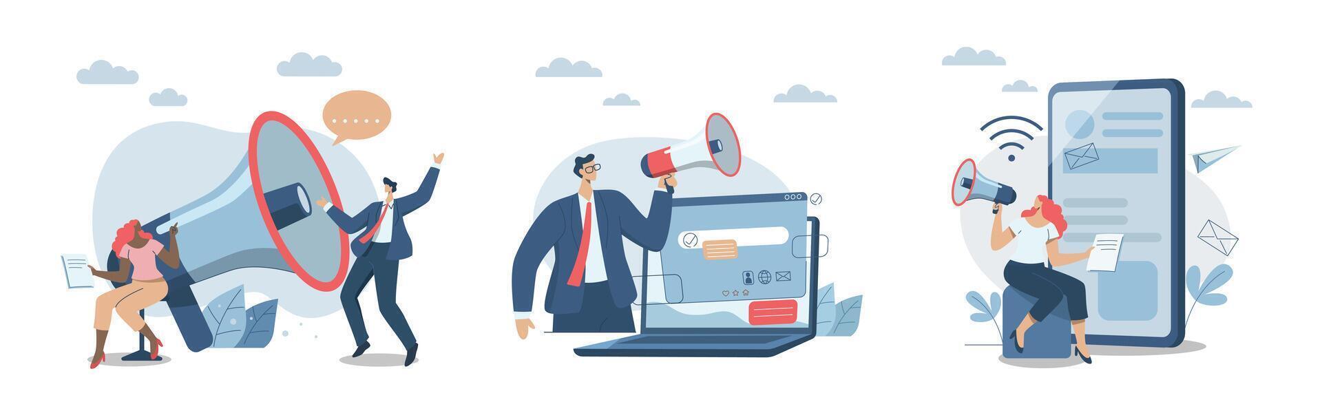 Set of promote communication with customers, Sending important messages, Marketing activities with social media campaigns, Business marketing materials, Advertising team announces with megaphone. vector