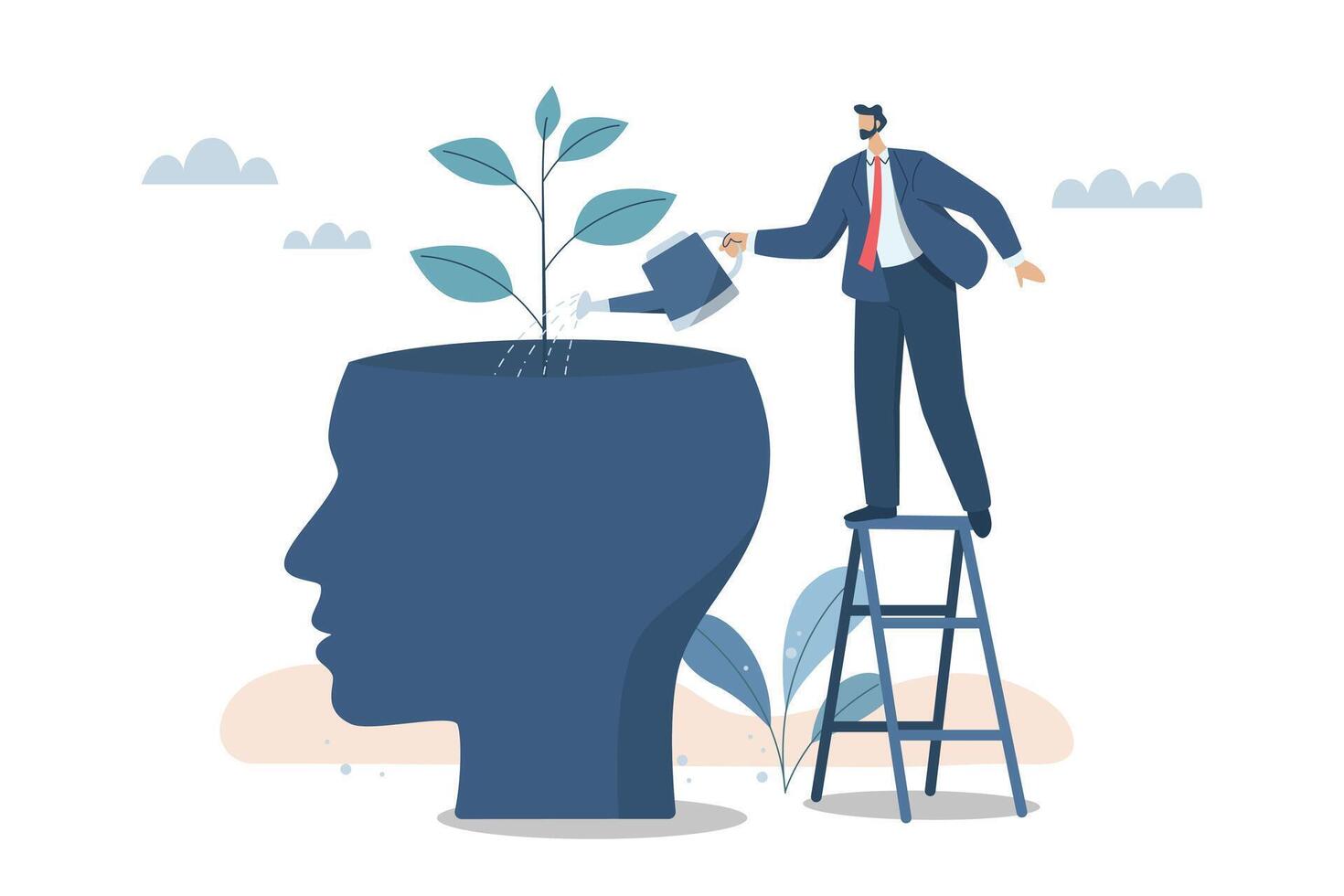 Growth of mental state, Personal growth, Self improvement, Development or improvement of personal concept, Learning professional level, Business man is watering the plant that grows from himself. vector