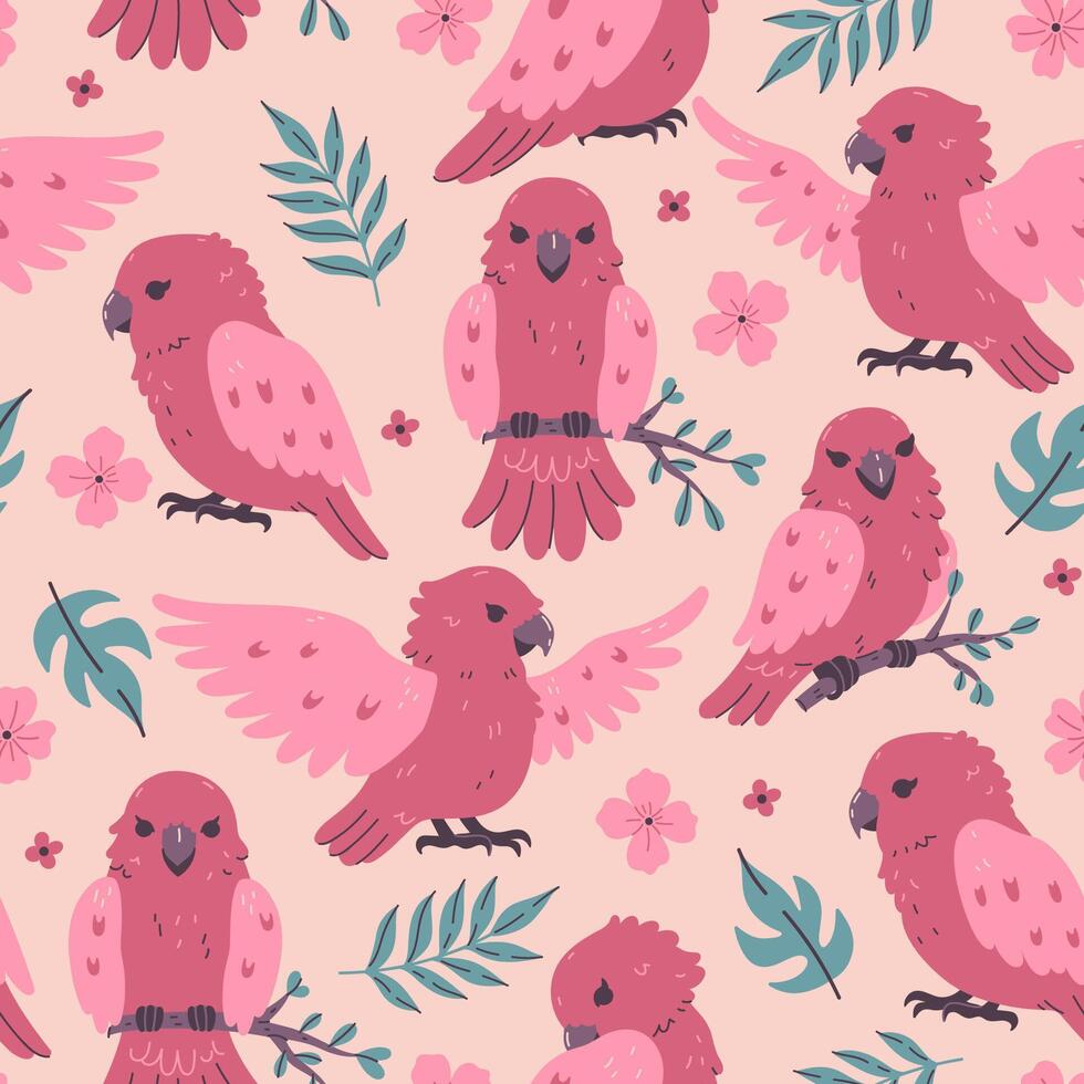 Seamless pattern of cute pink parrots. graphics. vector