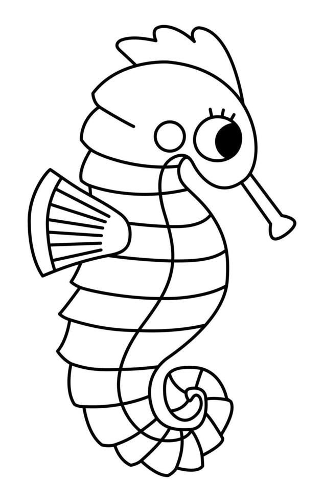 black and white seahorse icon. Under the sea line illustration with cute funny fish. Ocean animal clipart. Cartoon underwater or marine clip art or coloring page for children vector