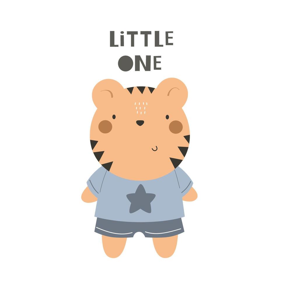 Little one. Cartoon tiger, hand drawing lettering, decor element vector