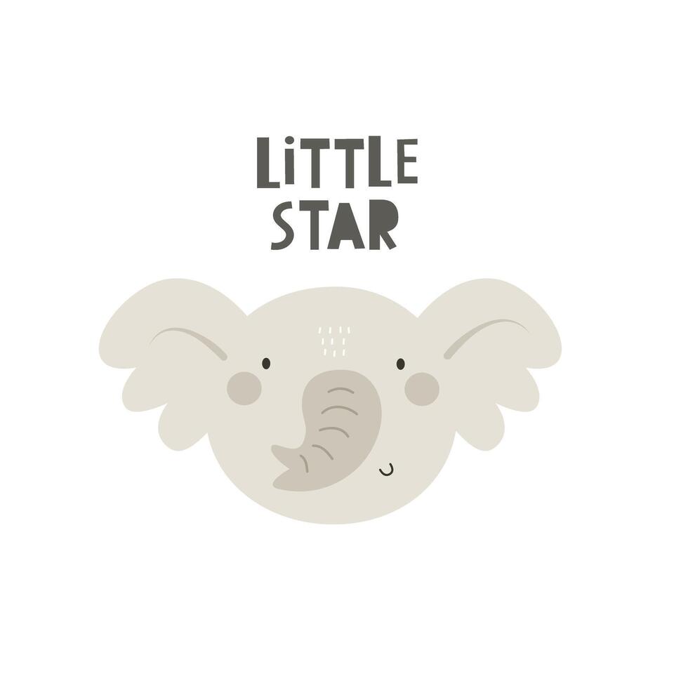 Little star. Cartoon elephant, hand drawing lettering, decor element vector