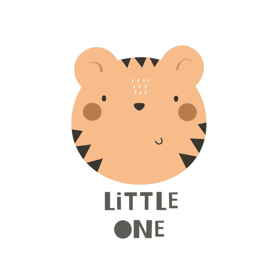 Little one. Cartoon tiger, hand drawing lettering, decor element vector