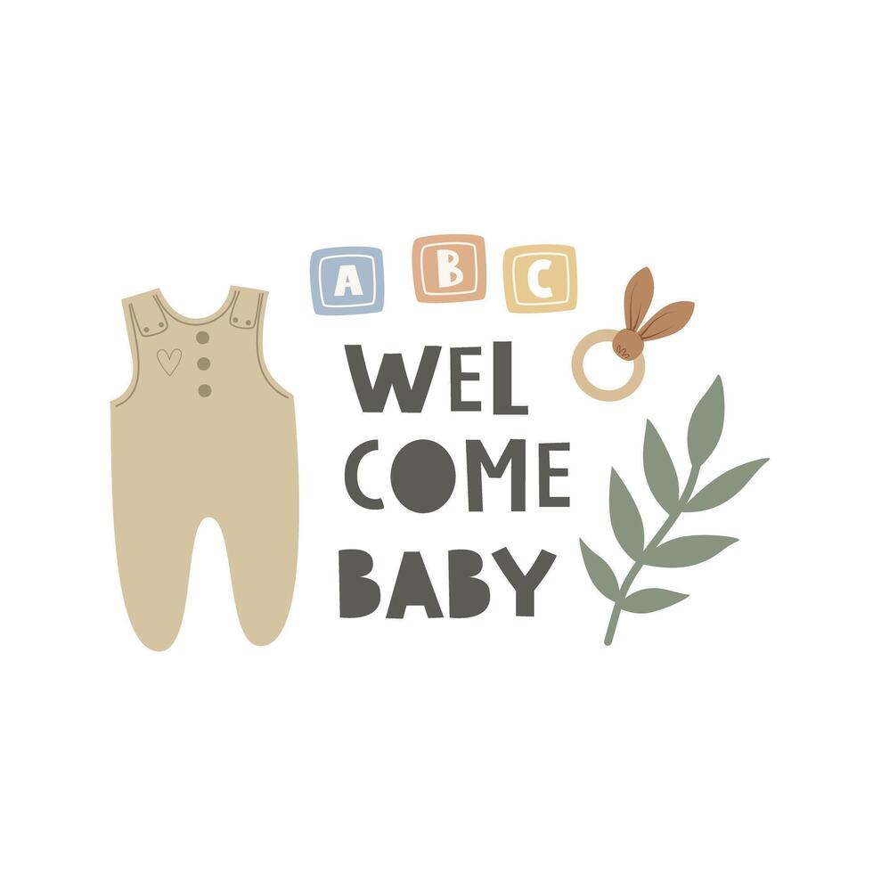 Welcome baby. Cartoon babe decor elements, hand drawing lettering vector