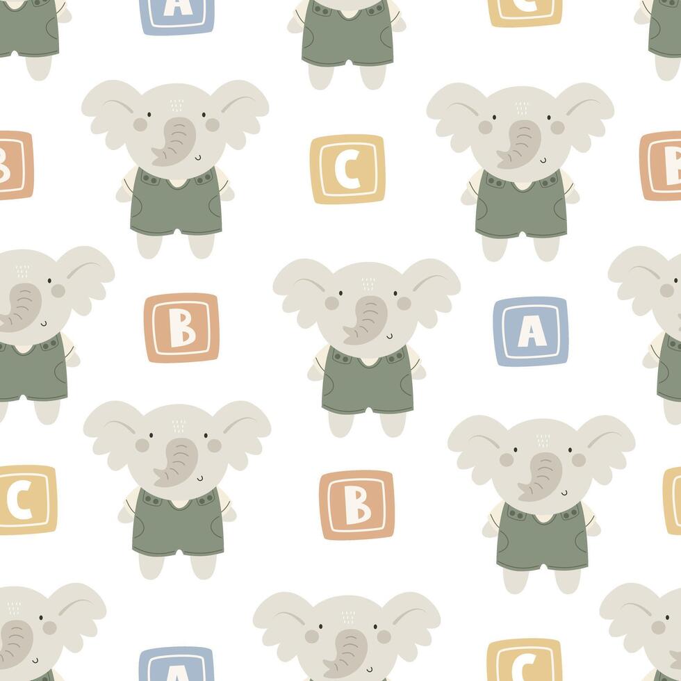 Seamless pattern with cartoon elephant toy, baby decor elements. vector