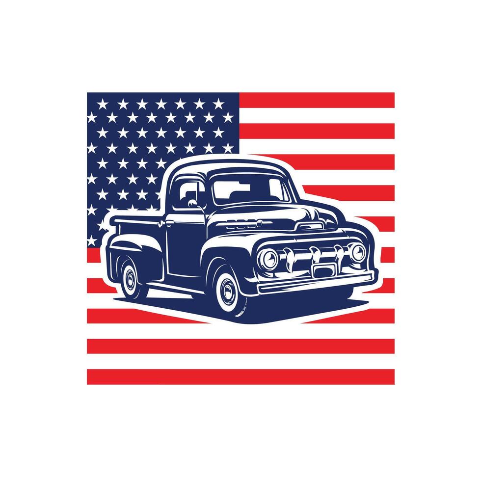 Classic Old Pickup Truck American Flag 4th of July Patriotic Tshirt Design Illustration. Best for Automotive Tshirt Design vector