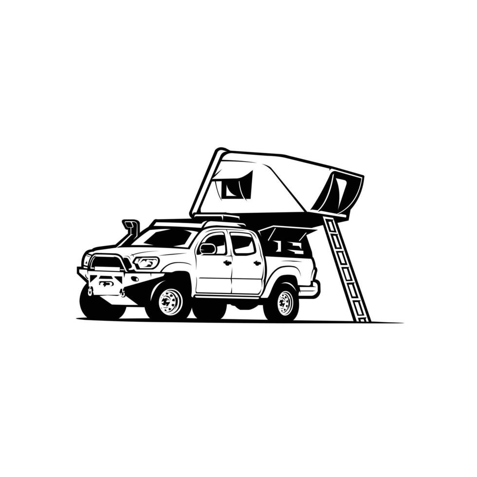Overland offroad pickup truck with roof top tent camping in outdoor monochrome isolated vector