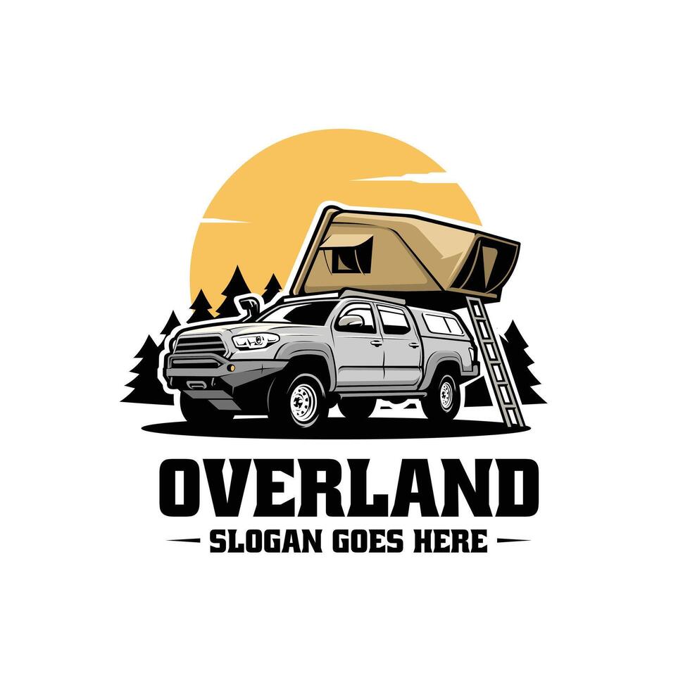 Overland offroad pickup truck with roof top tent camping in outdoor logo isolated vector