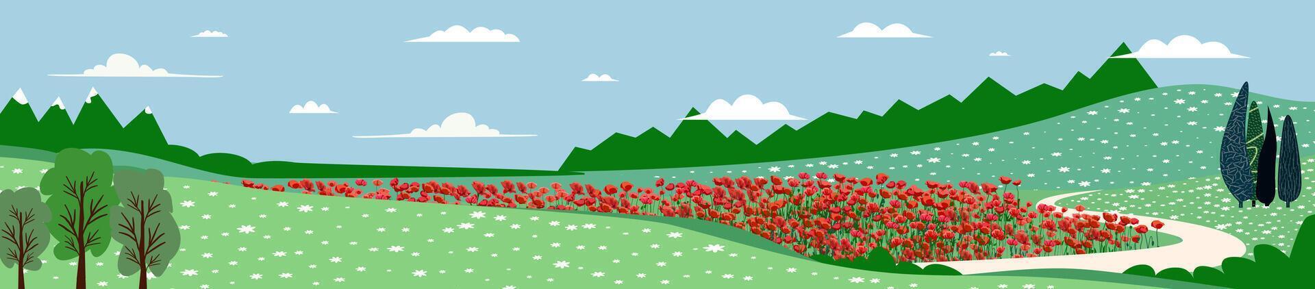 Nature and landscape. Poppy field, contemporary artistic poster. vector
