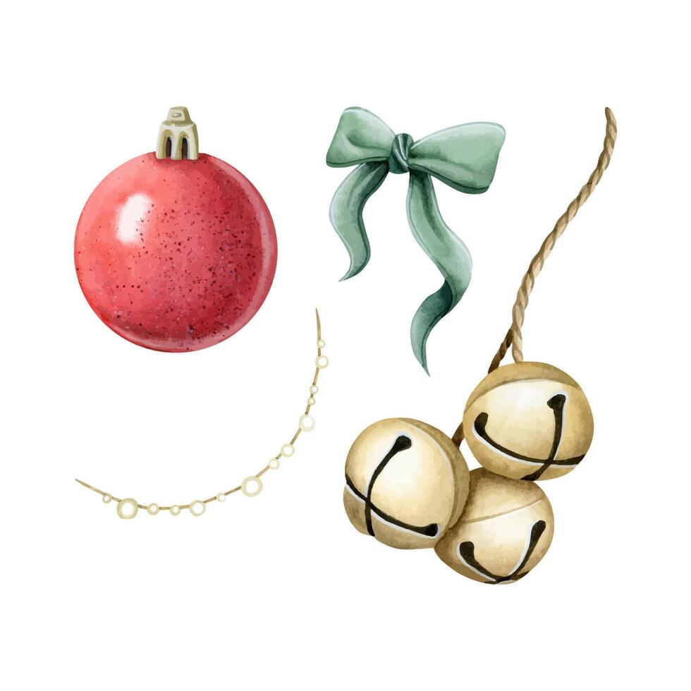 Christmas ornaments watercolor illustration set with red ball, bow, glowing garland and jingle bells for winter holidays vector