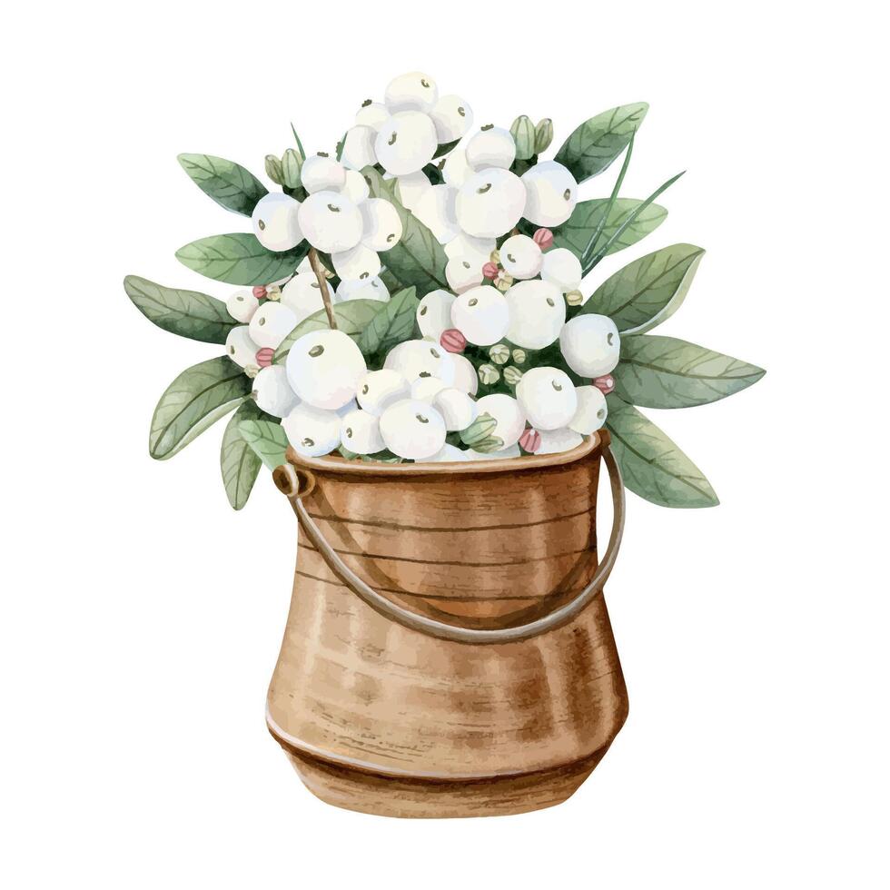 Snowberry branches white berries in vintage copper metal pot watercolor illustration. Hand drawn Christmas decoration vector