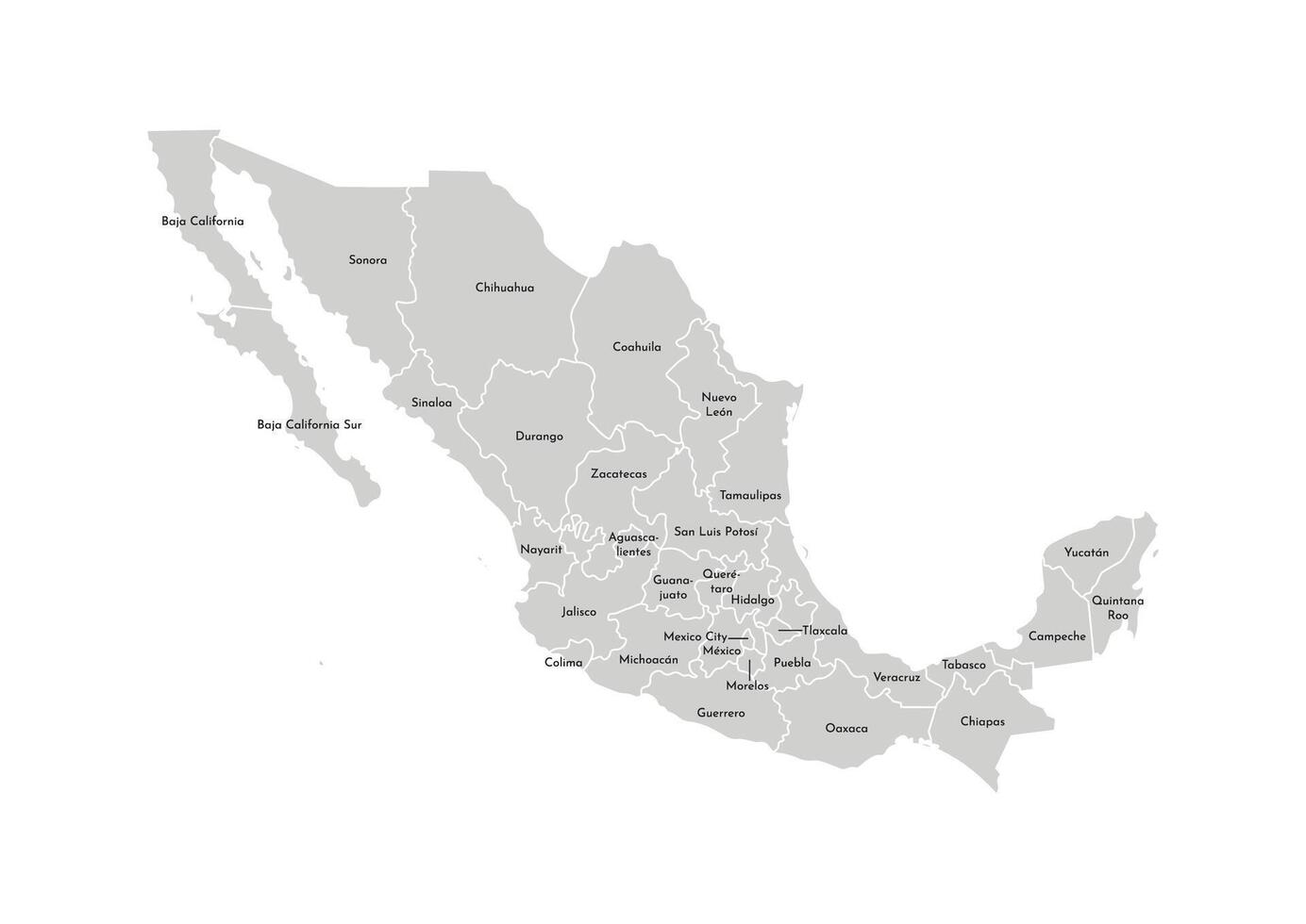 isolated illustration of simplified administrative map of Mexico, United Mexican States. Borders and names of the provinces, regions. Grey silhouettes. White outline vector