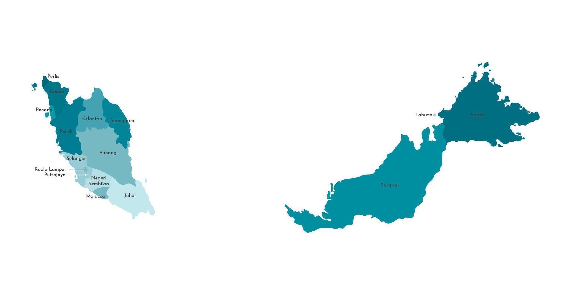 isolated illustration of simplified administrative map of Malaysia. Borders and names of the regions. Colorful blue khaki silhouettes vector