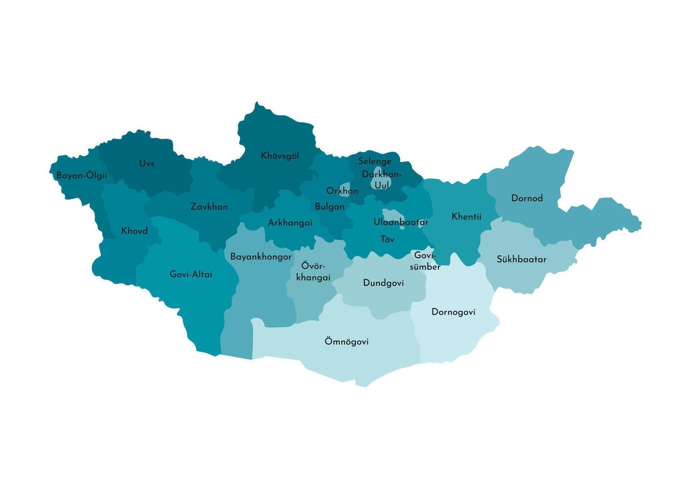 isolated illustration of simplified administrative map of Mongolia. Borders and names of the regions. Colorful blue khaki silhouettes vector