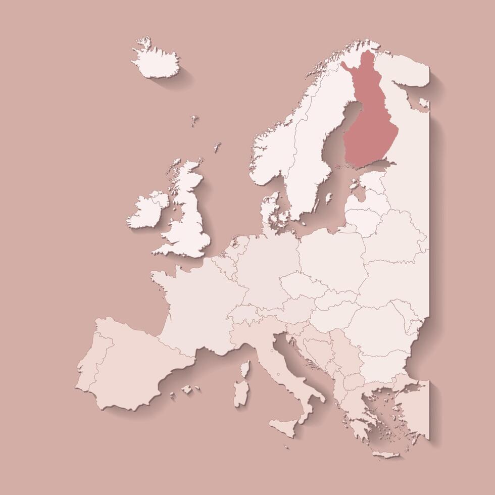 illustration with european land with borders of states and marked country Finland. Political map in brown colors with western, south and etc regions. Beige background vector