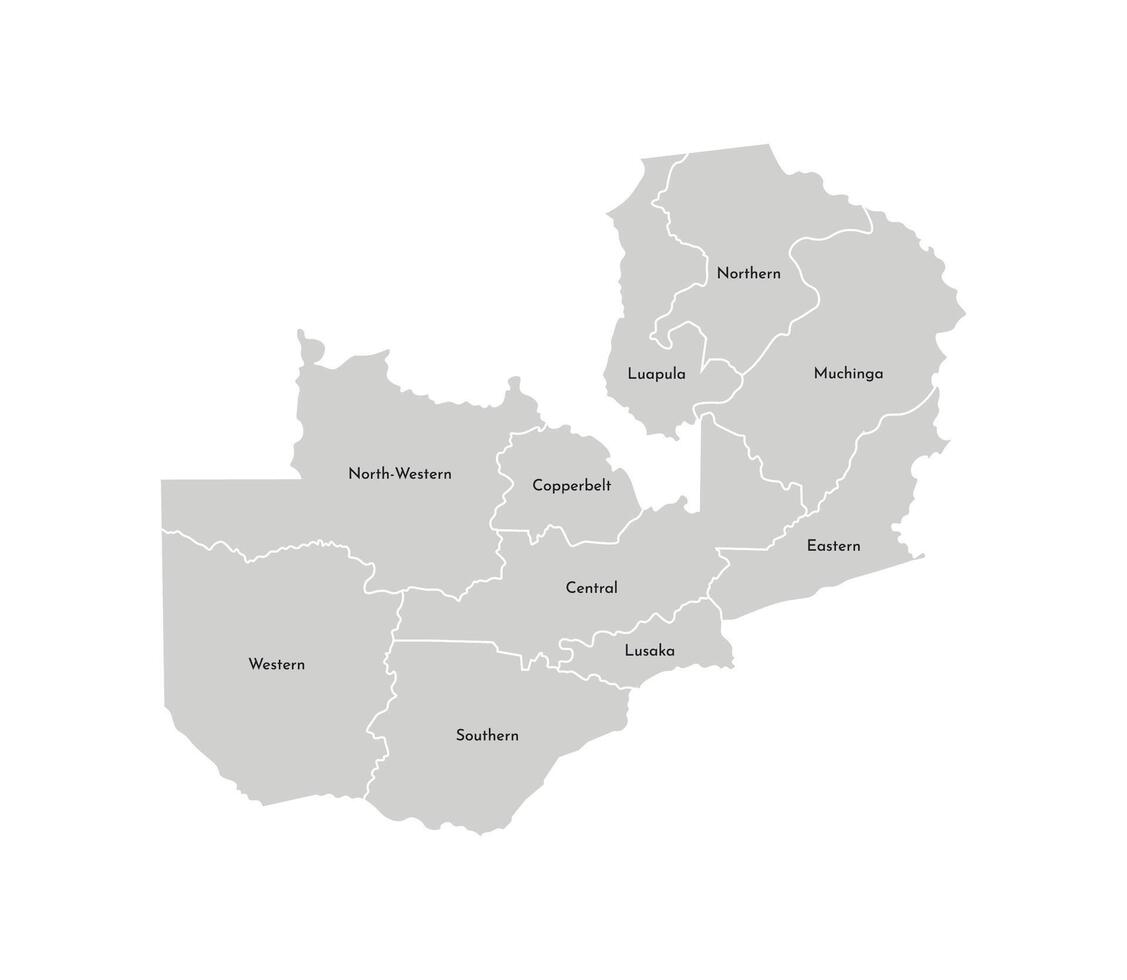 isolated illustration of simplified administrative map of Zambia. Borders and names of the provinces, regions. Grey silhouettes. White outline vector