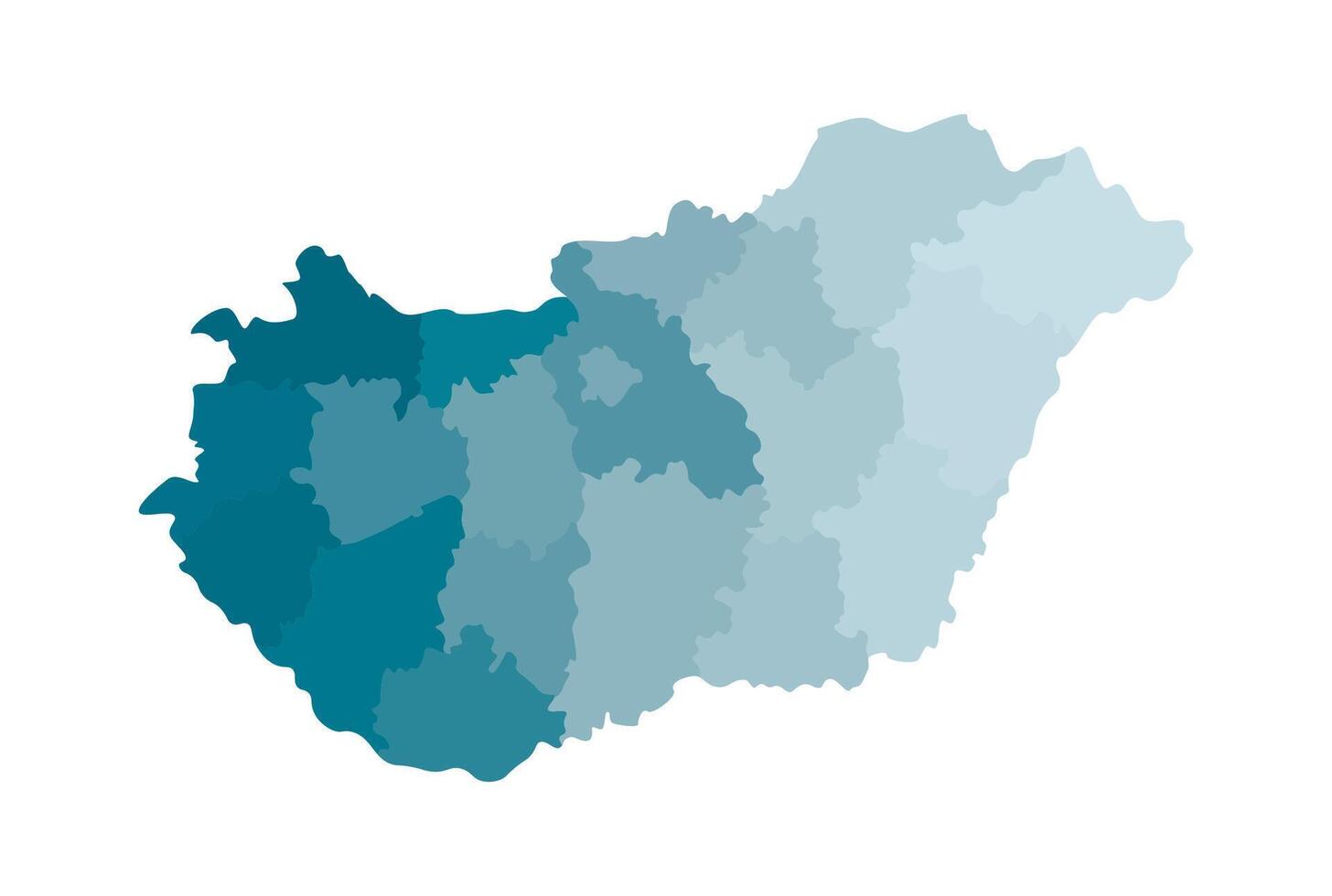 isolated illustration of simplified administrative map of Hungary. Borders of the regions. Colorful blue khaki silhouettes. vector