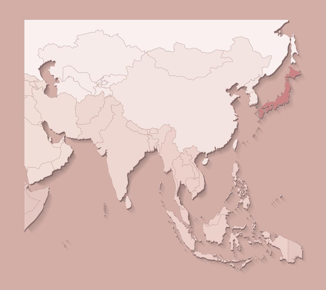 illustration with asian areas with borders of states and marked country Japan. Political map in brown colors with regions. Beige background vector