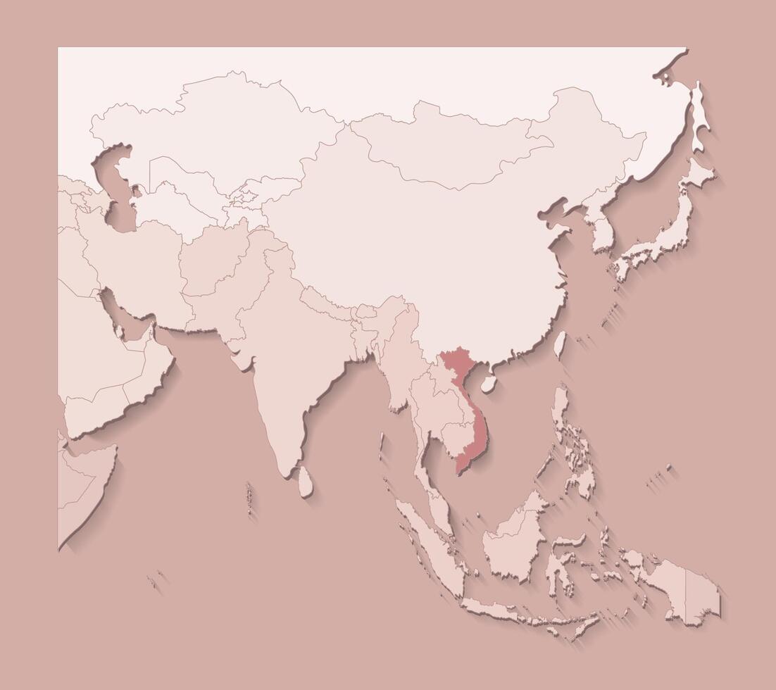 illustration with asian areas with borders of states and marked country Vietnam. Political map in brown colors with regions. Beige background vector