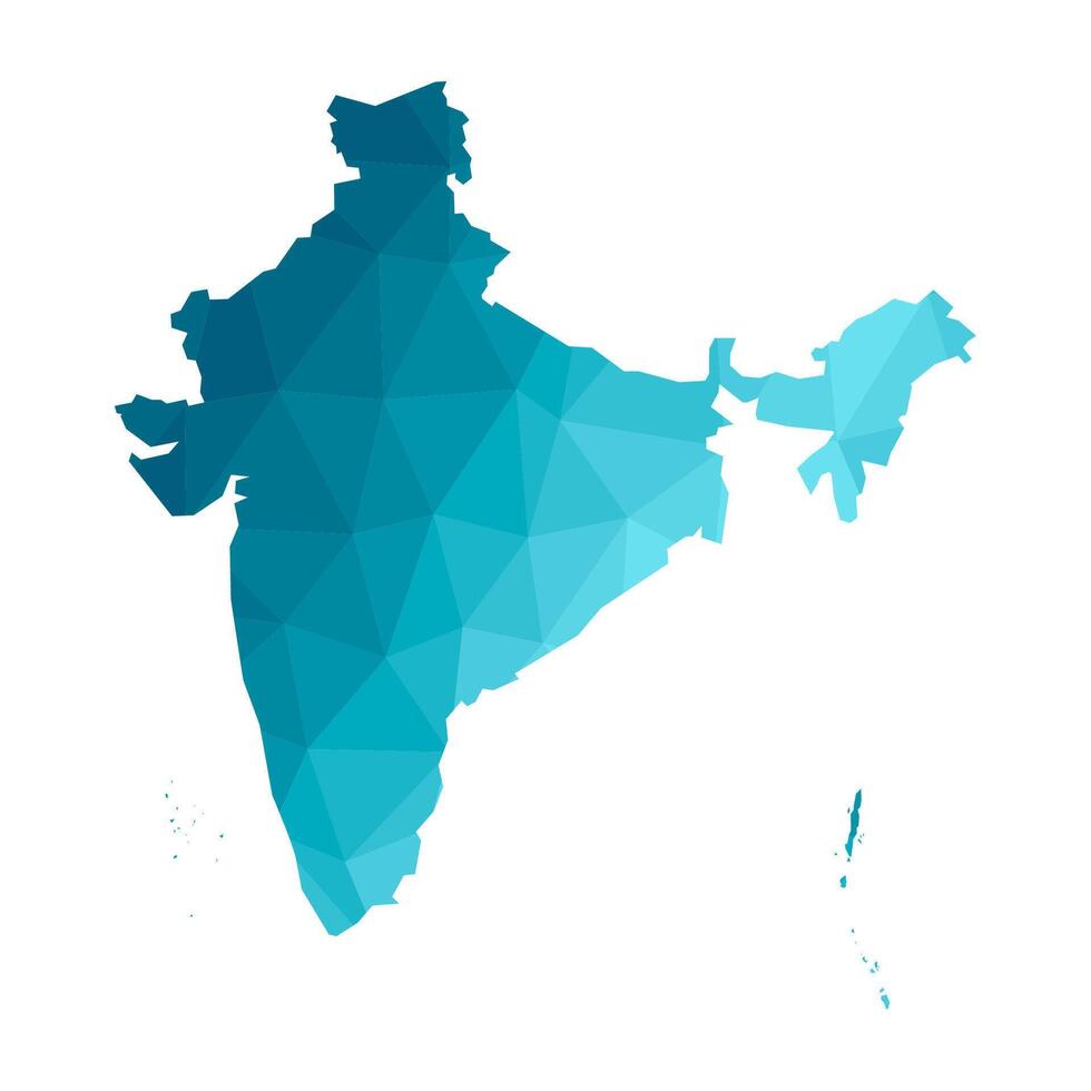 isolated illustration icon with simplified blue silhouette of India map. Polygonal geometric style, triangular shapes. White background. vector