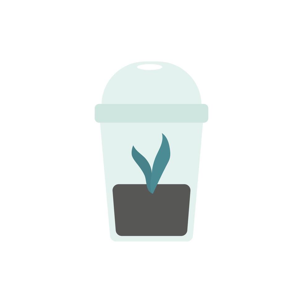 isolated illustration with flat plastic warm green house for plant sprout growing from seed. Cozy hobby is care about environment. Concept with new leaves is in transparent cup vector