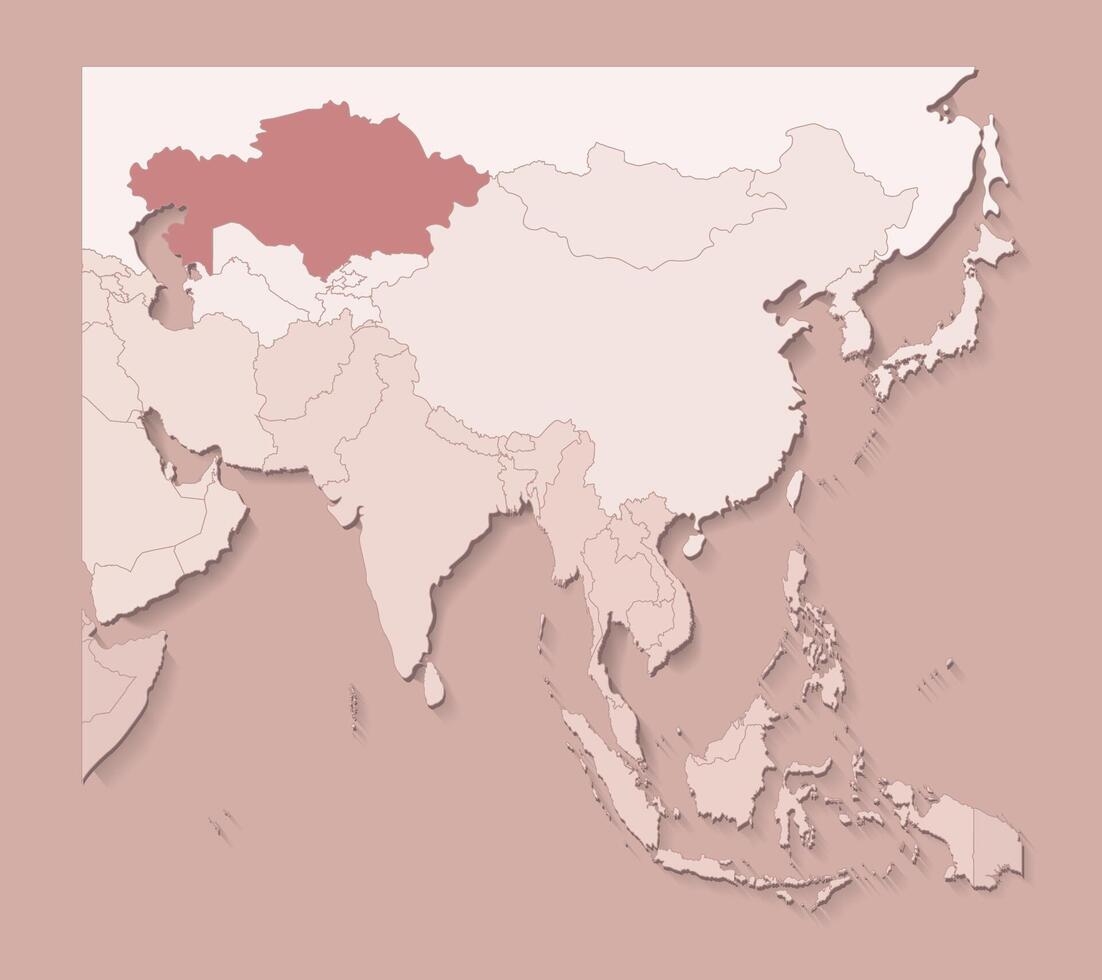 illustration with asian areas with borders of states and marked country Kazakhstan. Political map in brown colors with regions. Beige background vector