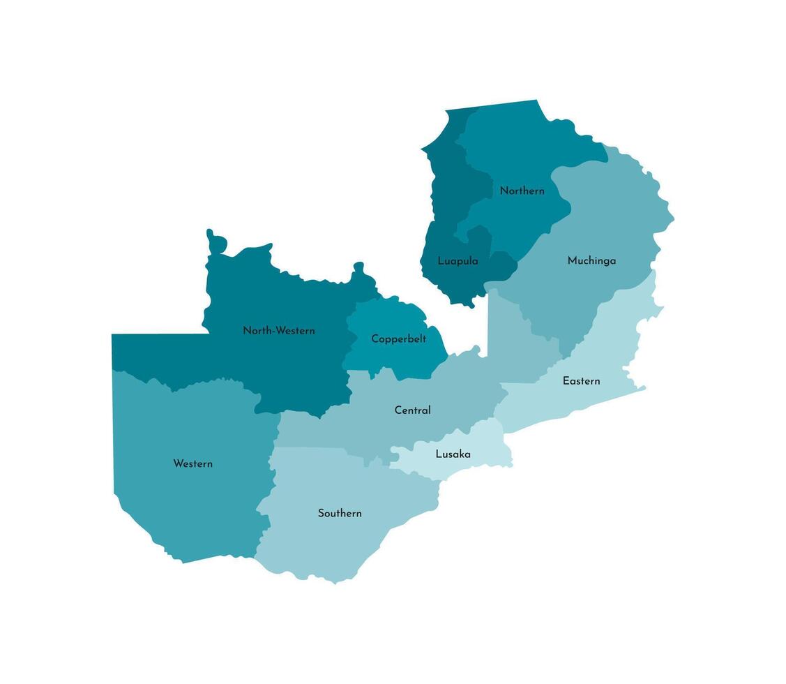 aislado ilustración de simplificado administrativo mapa de Zambia. fronteras y nombres de el provincias, regiones. vistoso azul caqui siluetas vector