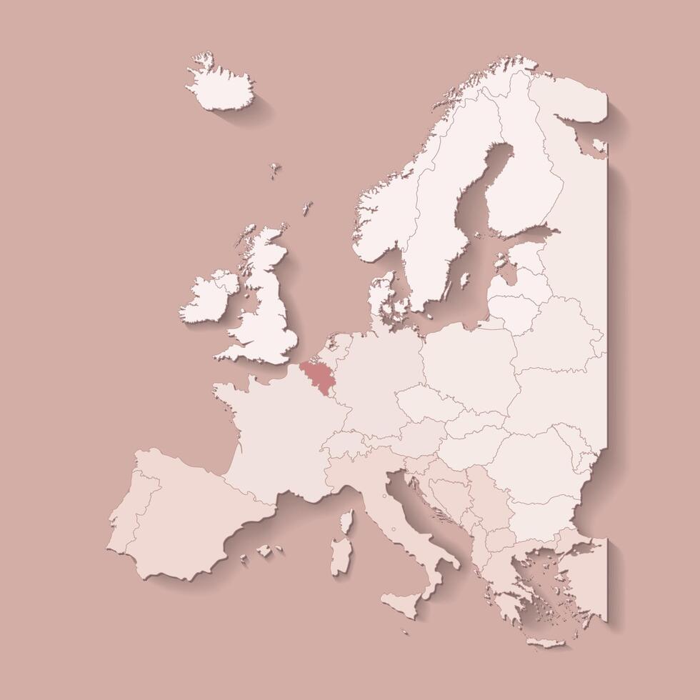 illustration with european land with borders of states and marked country Belgium. Political map in brown colors with western, south and etc regions. Beige background vector