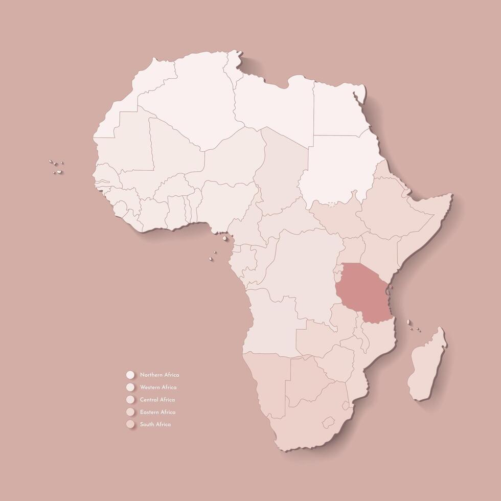 ilustración con africano continente con fronteras de todas estados y marcado país Tanzania. político mapa en marrón colores con occidental, sur y etc regiones. beige antecedentes vector