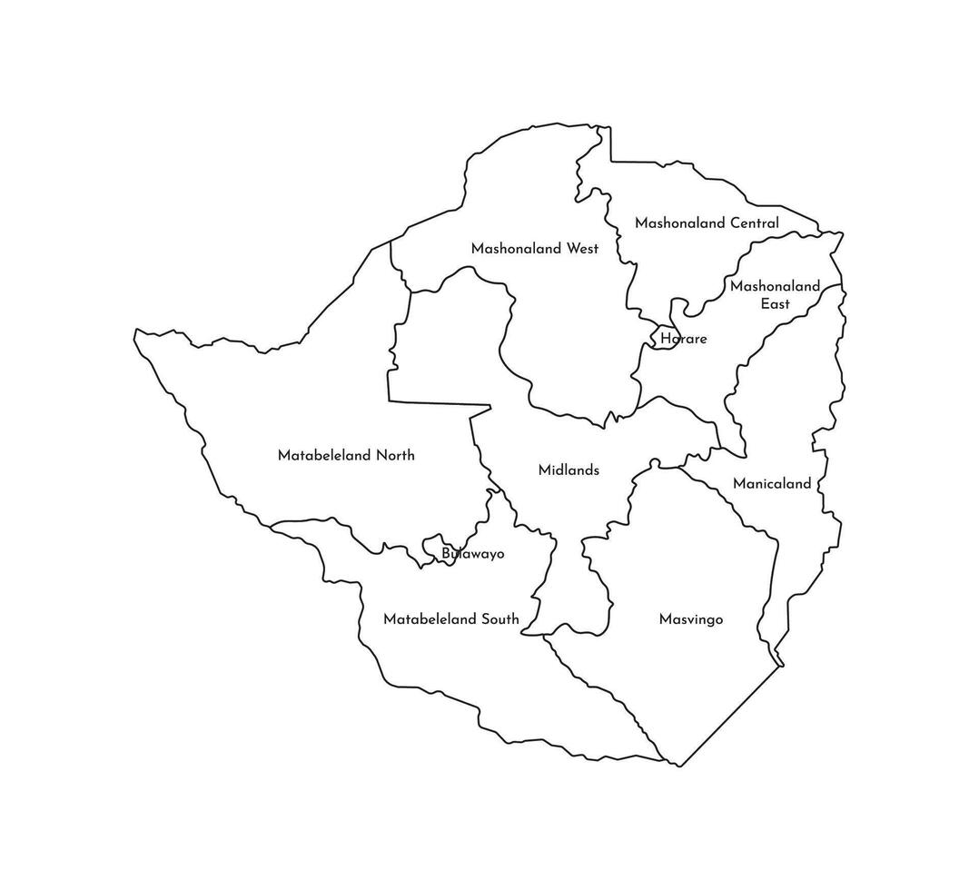 isolated illustration of simplified administrative map of Zimbabwe. Borders and names of the provinces, regions. Black line silhouettes. vector