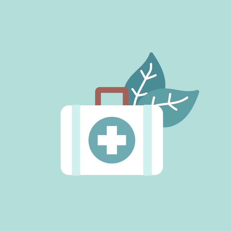 illustration with flat emergency bag for first aid. White case with two green plant leaves. Symbol of herbal and natural medicine to be healthy. Logo for drugs to care, treatment about plants vector