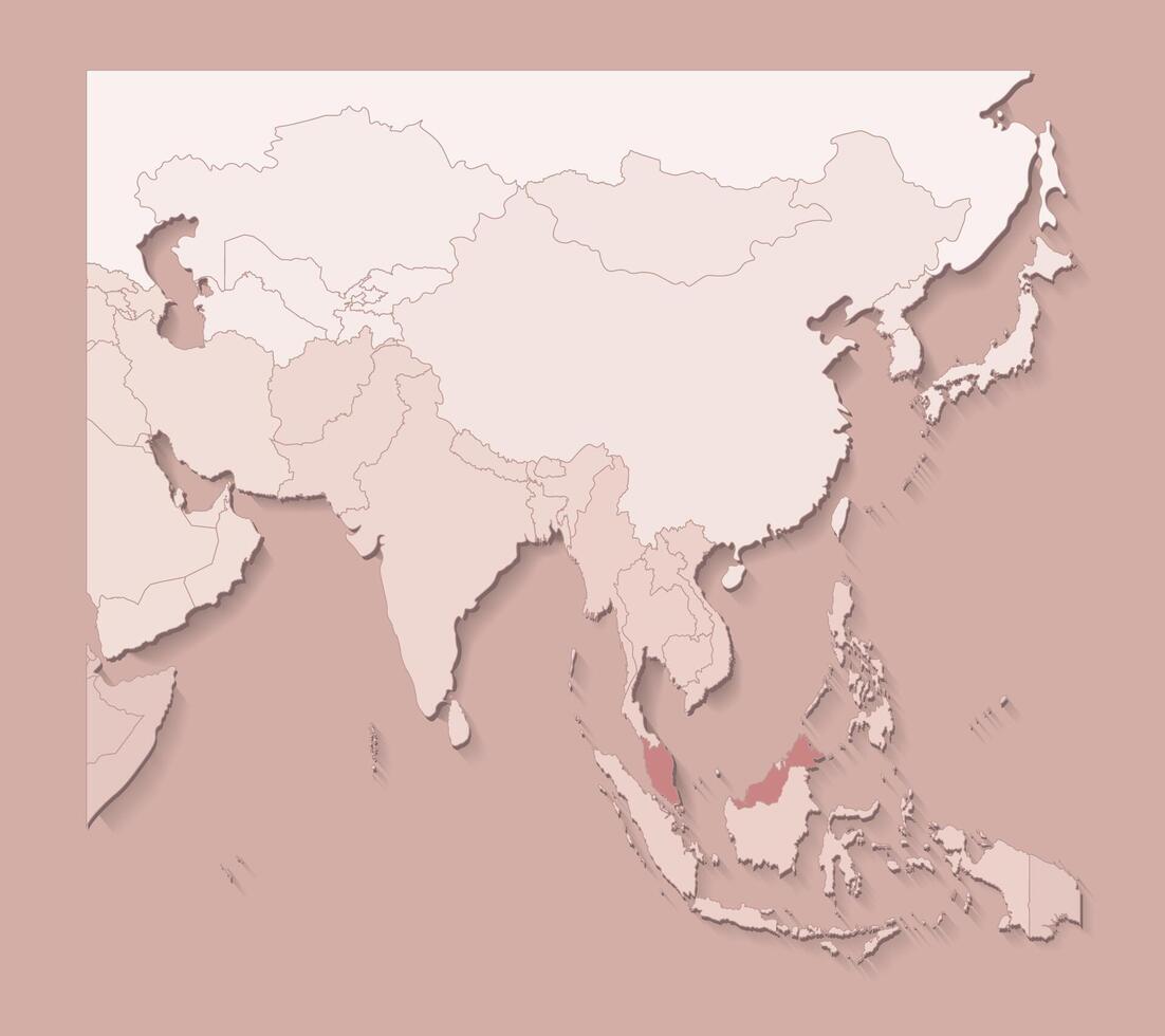 illustration with asian areas with borders of states and marked country Malaysia. Political map in brown colors with regions. Beige background vector