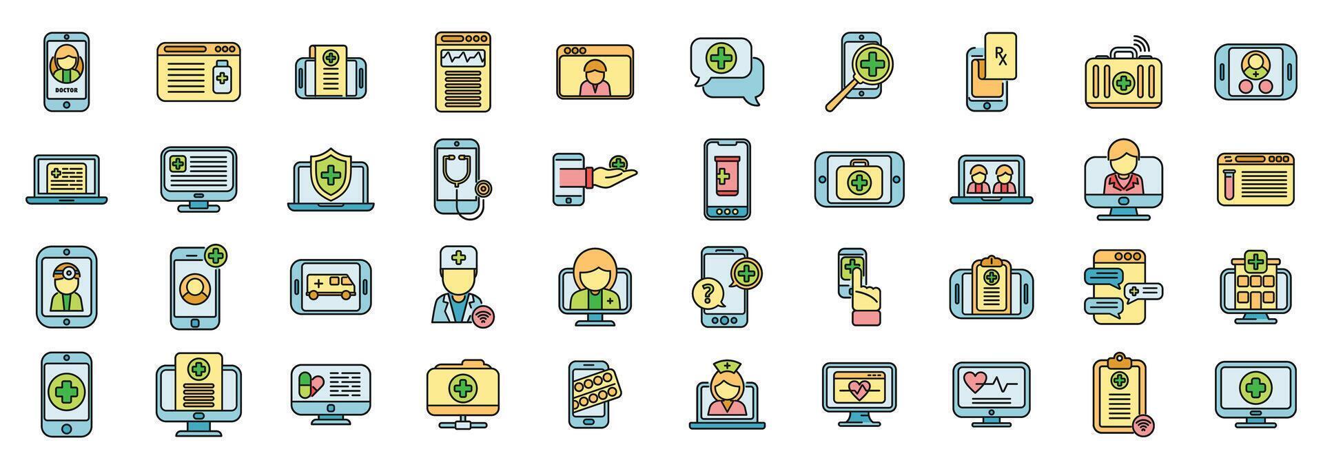 Online medical consultation icons set color line vector