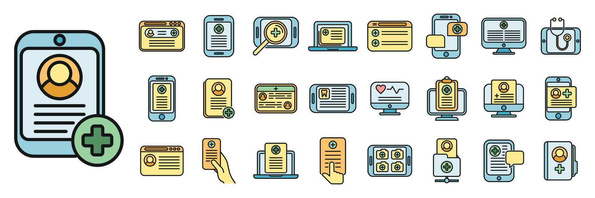 Electronic patient card icons set color line vector