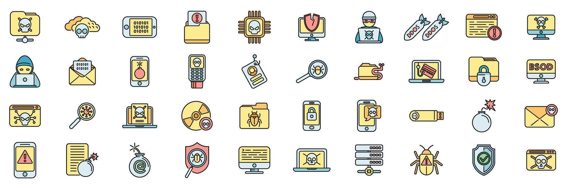 Malware icons set color line vector