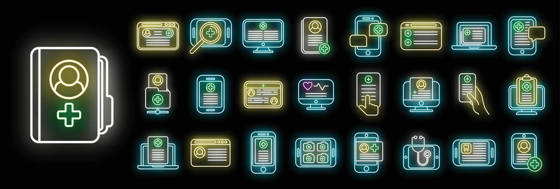 Electronic patient card icons set neon vector
