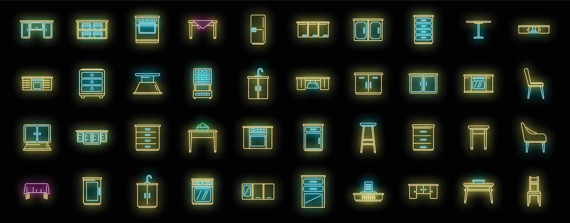 Kitchen furniture icons set neon vector