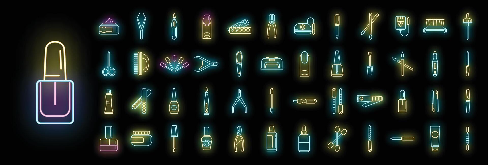 Equipment for manicure icons set neon vector