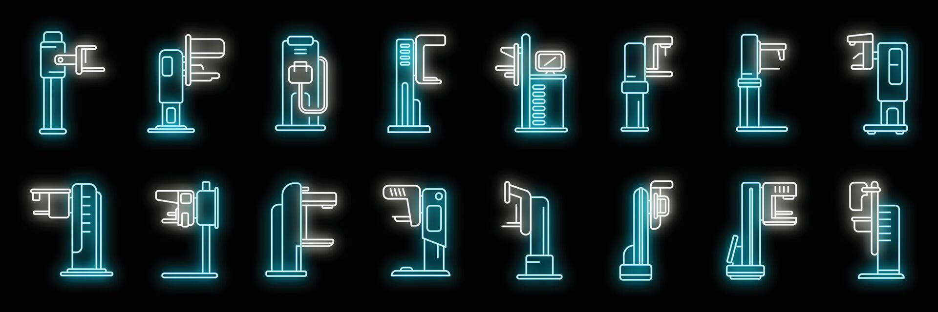 Mammography machine icons set neon vector