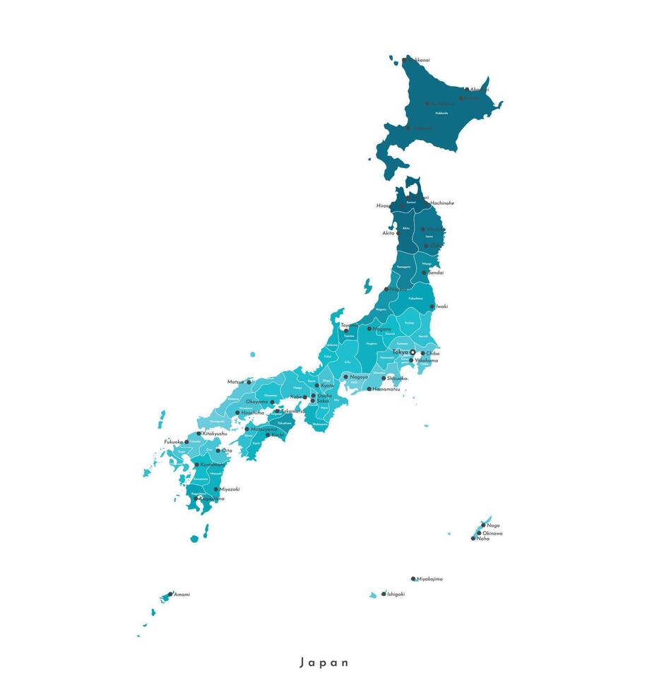 aislado ilustración. simplificado administrativo mapa de Japón. azul formas de regiones. nombres de japonés ciudades y prefecturas. blanco antecedentes vector
