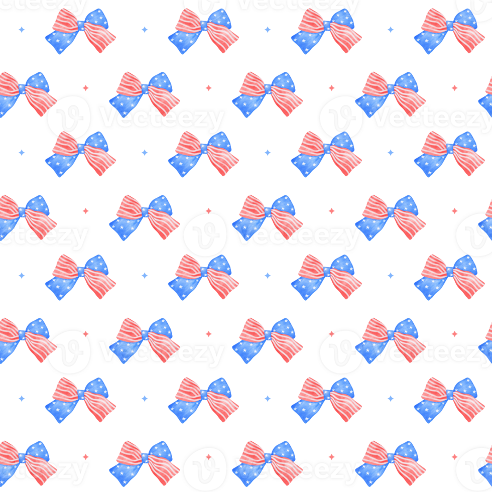 Coquette seamless pattern watercolor 4th of July ribbon bow transparent background png