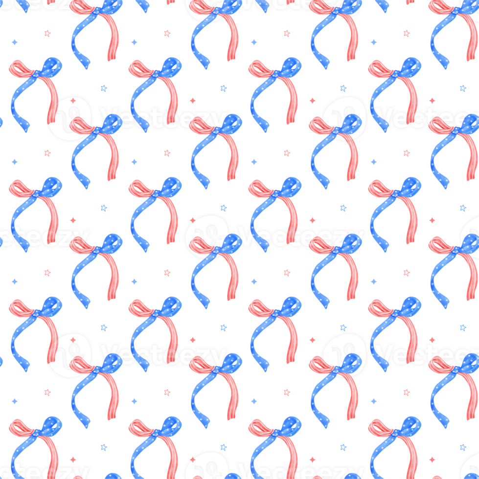 Coquette seamless pattern watercolor 4th of July ribbon bow transparent background png