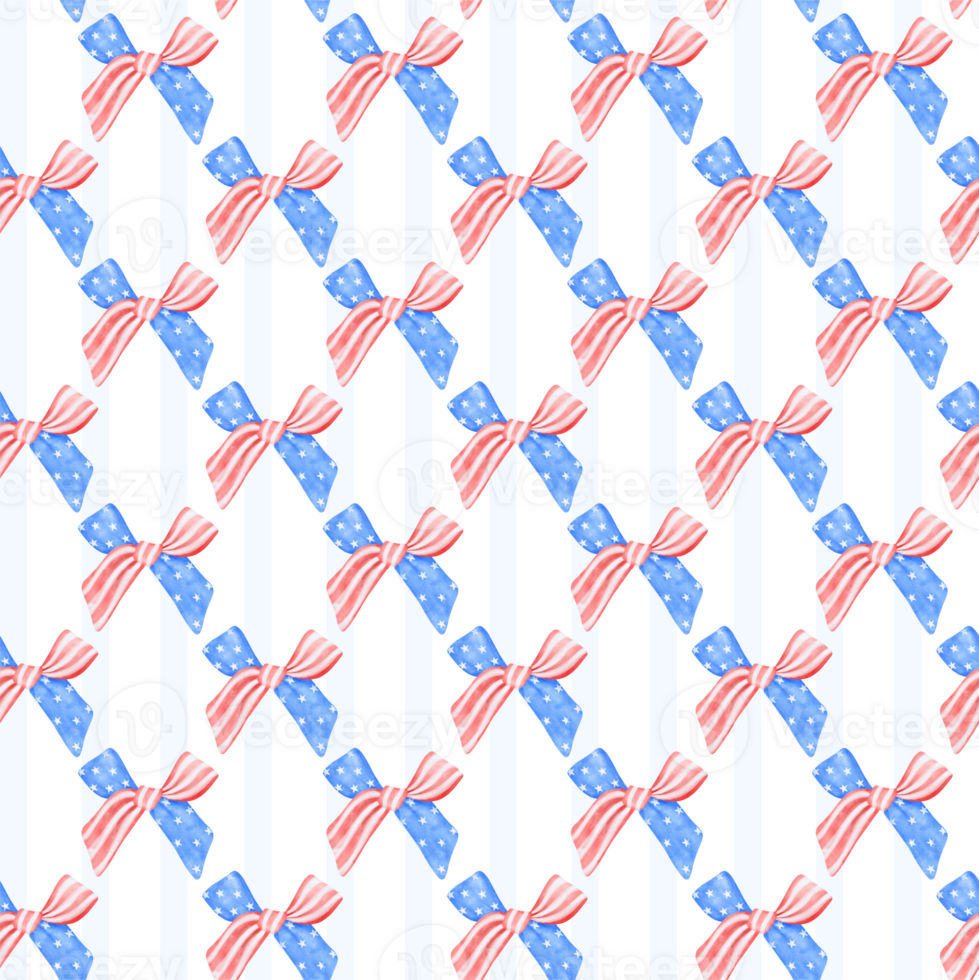 Coquette seamless pattern watercolor 4th of July ribbon bow transparent background png