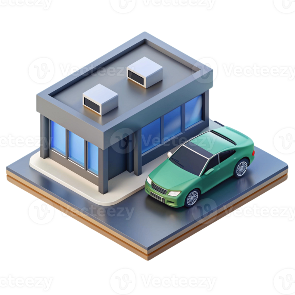3d isometric office with car parked png