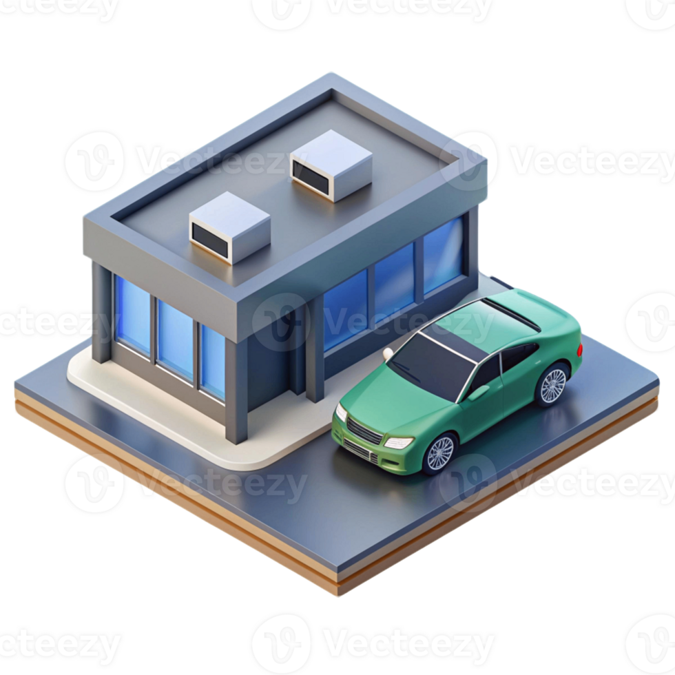 3d isométrico escritório com carro estacionado png