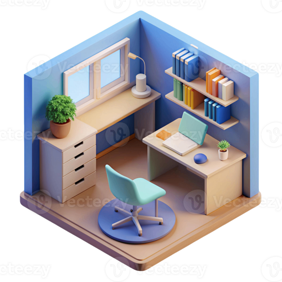 3d isometric interior design of work place or study room png