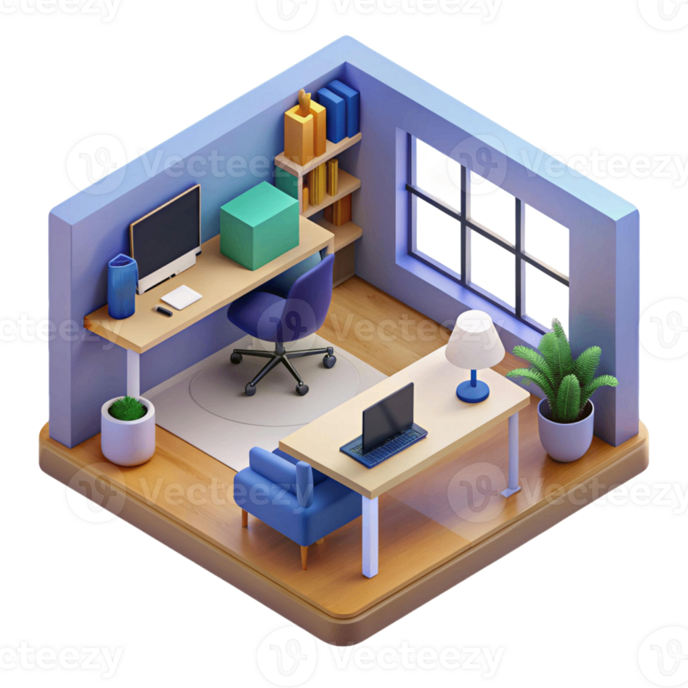 3d isometric interior design of work place or study room png